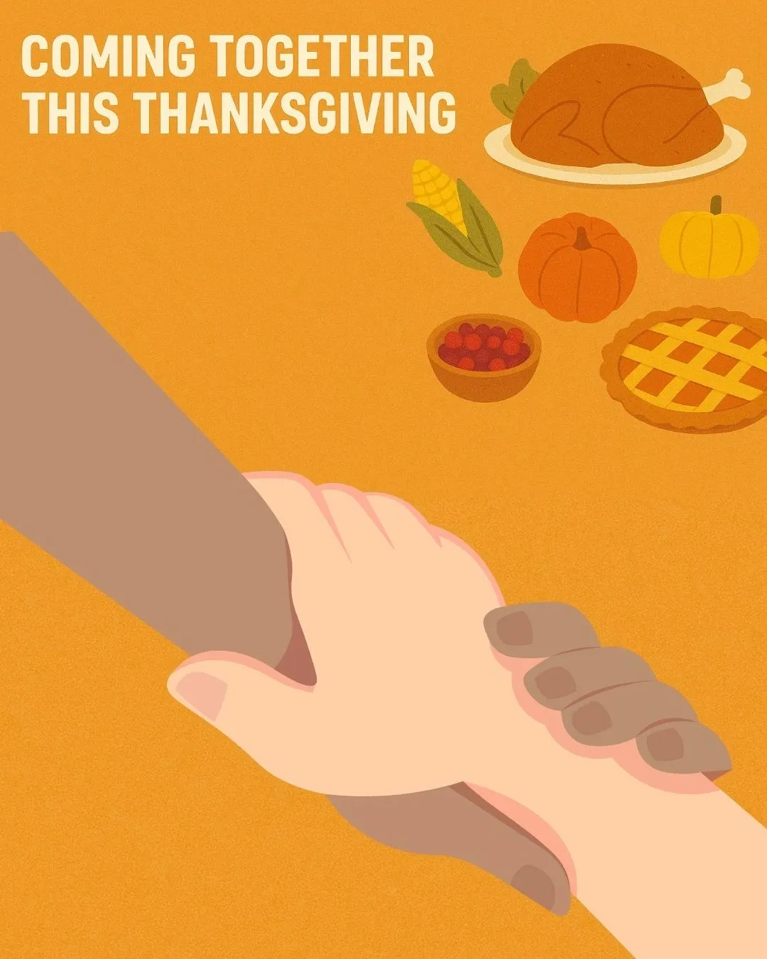 Thanksgiving celebration with food and holding hands