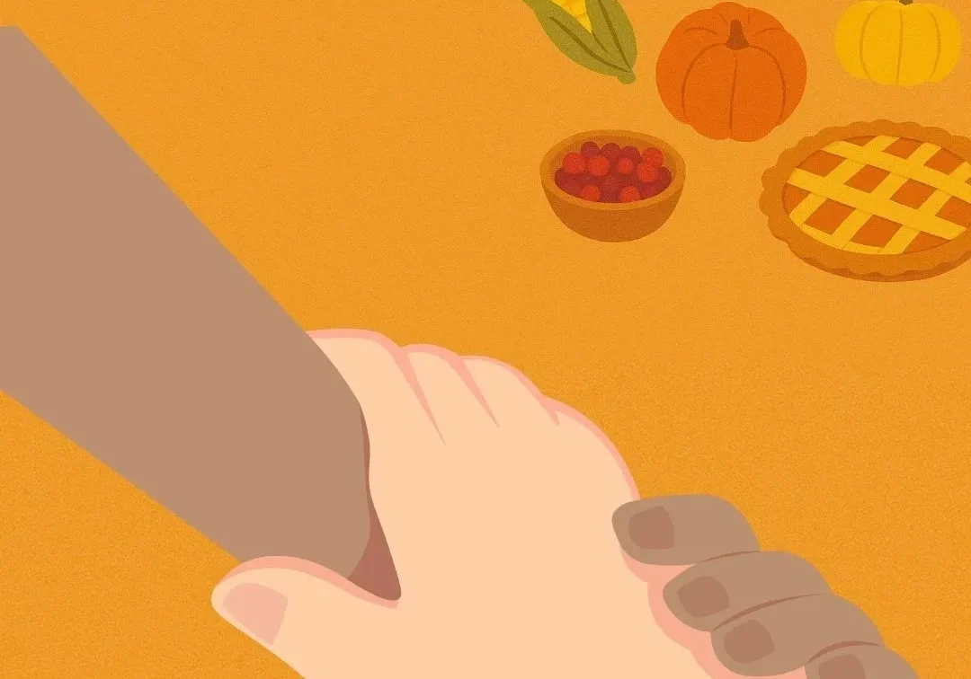 Thanksgiving celebration with food and holding hands